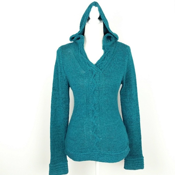 BCBGMaxAzria Sweaters - BCBG MAXAZRIA L Teal Blue Cable Knit Hoody Sweater